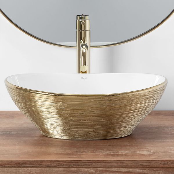 Умивальник (раковина) REA SOFIA BRUSHED GOLD WHITE накладний * REA-U3697 фото