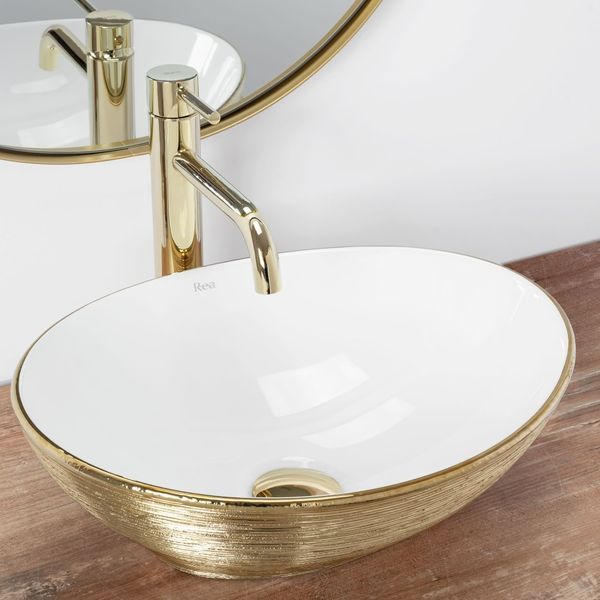 Умивальник (раковина) REA SOFIA BRUSHED GOLD WHITE накладний * REA-U3697 фото