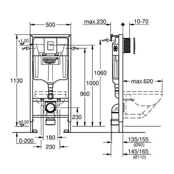 унітаз Omnires Boston 53x36 rimless підвісний, сидіння дюропласт + інсталяція Grohe Rapid Sl (3873200A + BOSTONMWBP) 3873200A+ BOSTONMWBP фото