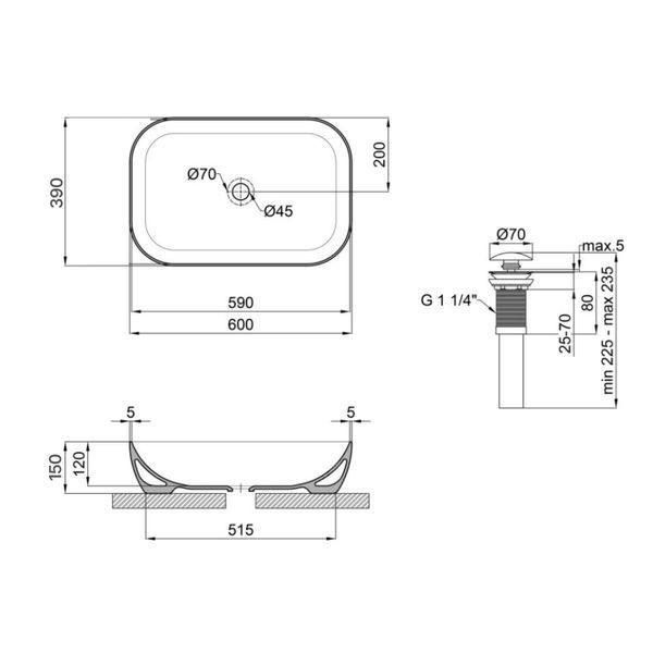 Комплект Qtap Robin: Раковина накладна прамокутна 600x390x150 мм White + Донний клапан PU02 QT13112143PWN47297 фото