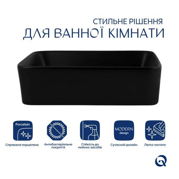 Комплект Qtap Tern: Раковина накладна прамокутна 480х370х135 мм Matt Black + Донний клапан PU03 QT172074MBMBN47300 фото