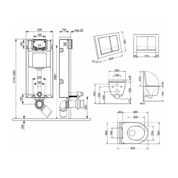 Готовое решение Qtap для ванной комнаты: подвесной унитаз Jay Rimless 520х360х320 + комплект инсталляции Nest 4 в 1 (квадратная клавиша Chrome) SD00042999 фото