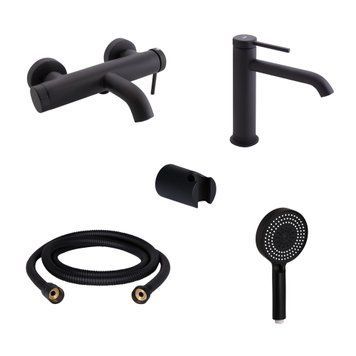 Комплект для ванни Qtap Robin Black: Змішувачі QTROB3060102B+QTROB1060M102B+Тримач QT829910842854OB+Шланг QT054BL43074+Лійка QTRUC125BLM45776 QTrob3060102B48134 фото
