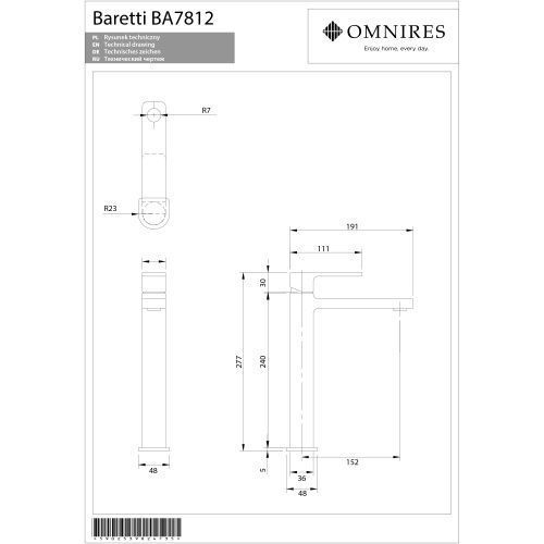 Змішувач для умивальника Omnires Baretti високий chrome (BA7812CR) BA7812CR фото